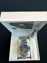 Olevs Mens Luxury Watch Skeleton, Moon Phase, Silver Band, Blue Dial