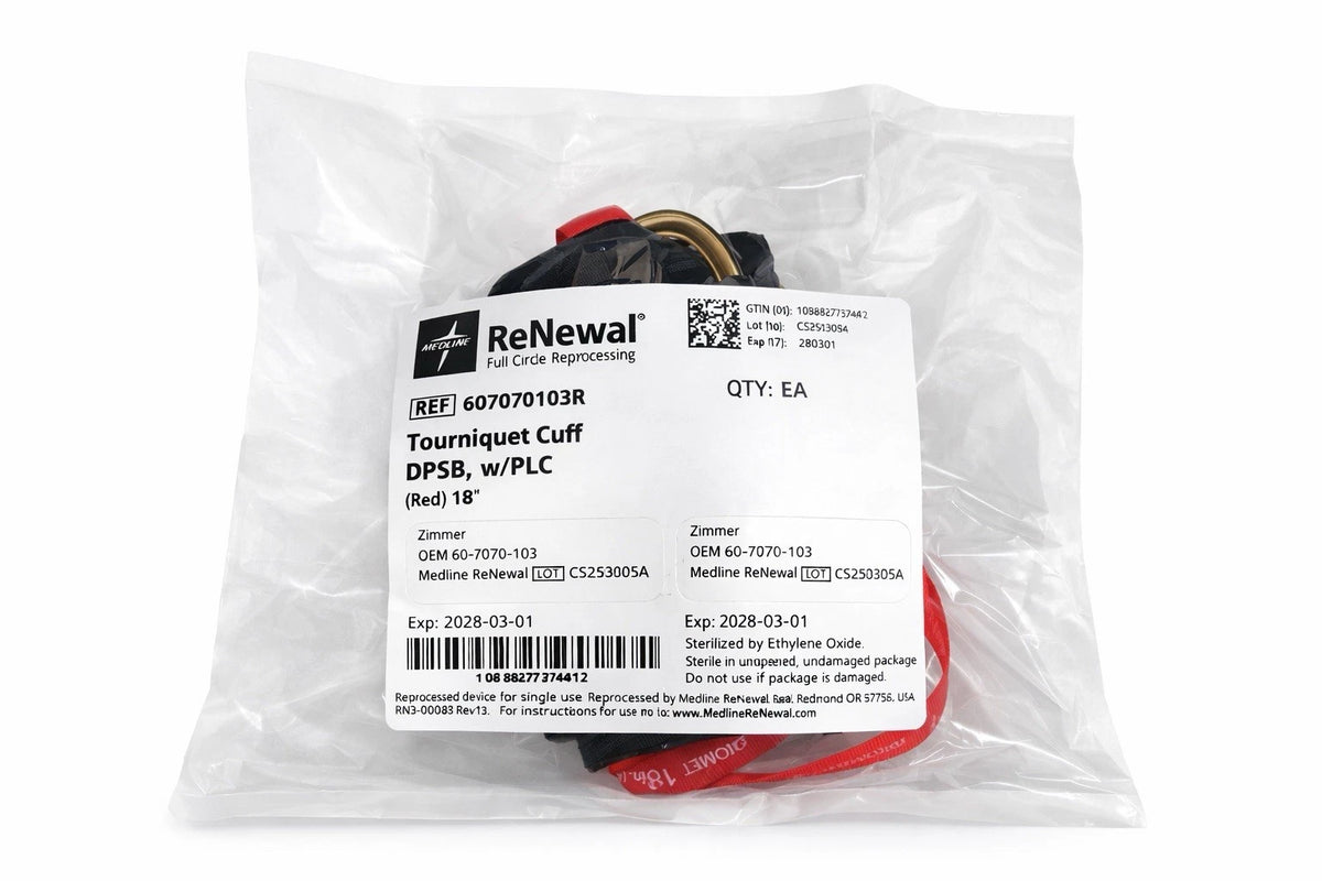 Medline ReNewal Tourniquet Cuff DPSB w/ PLC 18” Red REF 607070103R Sterile