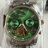 Olevs Mens Luxury Watch Skeleton, Moon Phase, Silver/Gold Band, Green Dial