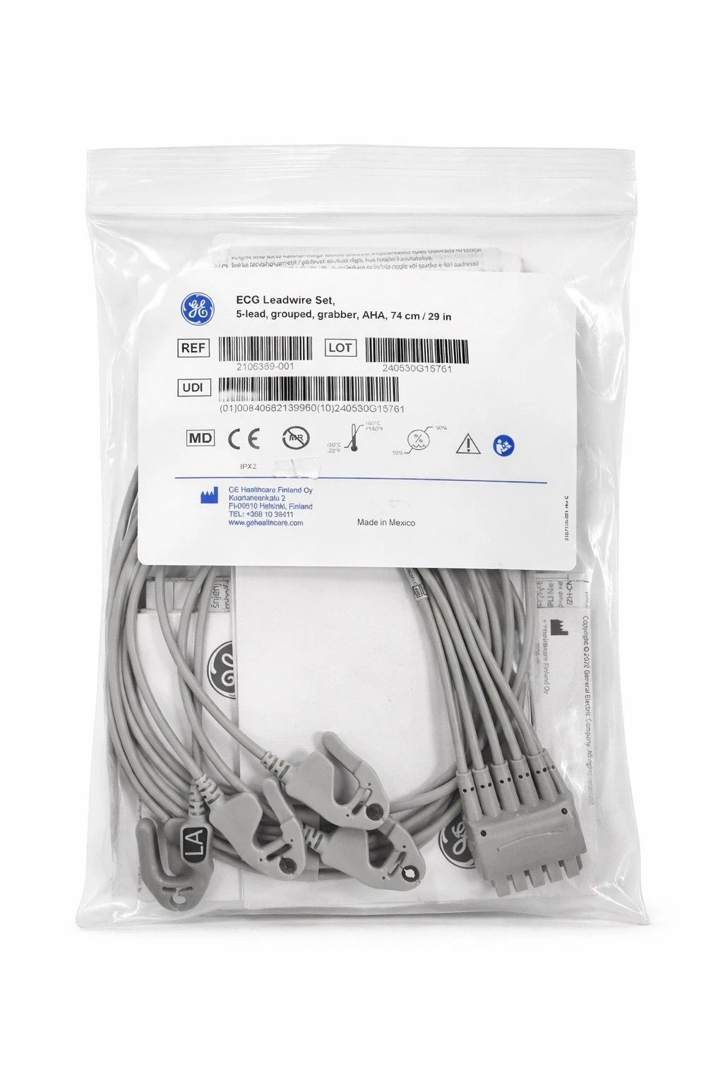 GE Leadwire Set 5-Lead AHA Grabber 74cm 2106389-001 New Sealed
