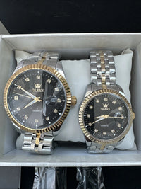 OLEVS Quartz Couple Pair Black Dial With Diamond, Stainless Steel, Waterproof