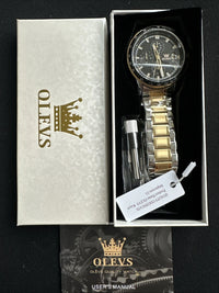 OLEVS Mens Tachymeter Watch Black Face, Silver/Gold Band, Day Date, Quartz