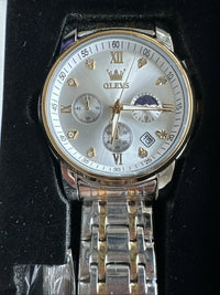 OLEVS Mens Watch Triple Dial, Pearl Face, Gold/Sliver Band, Diamond, Waterproof