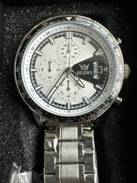 OLEVS Mens Tachymeter Watch White Face, Black Band, Day Date, Quartz