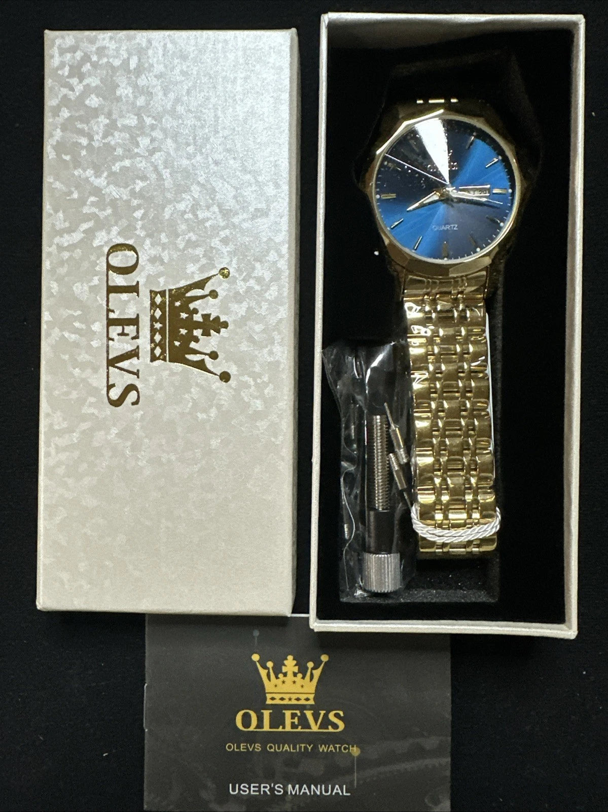 OLEVS Mens Watch Blue Face, Gold Band, Day Date, Quartz