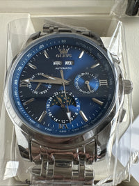 Olevs Mens Luxury Watch Moon Phase, Silver Band, Blue Dial