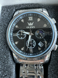 OLEVS Mens Watch Triple Dial, Black Face, Stainless Steel Band, Diamond