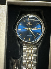 OLEVS Mens Watch Blue Face, Gold/Silver Band, Day Date, Quartz