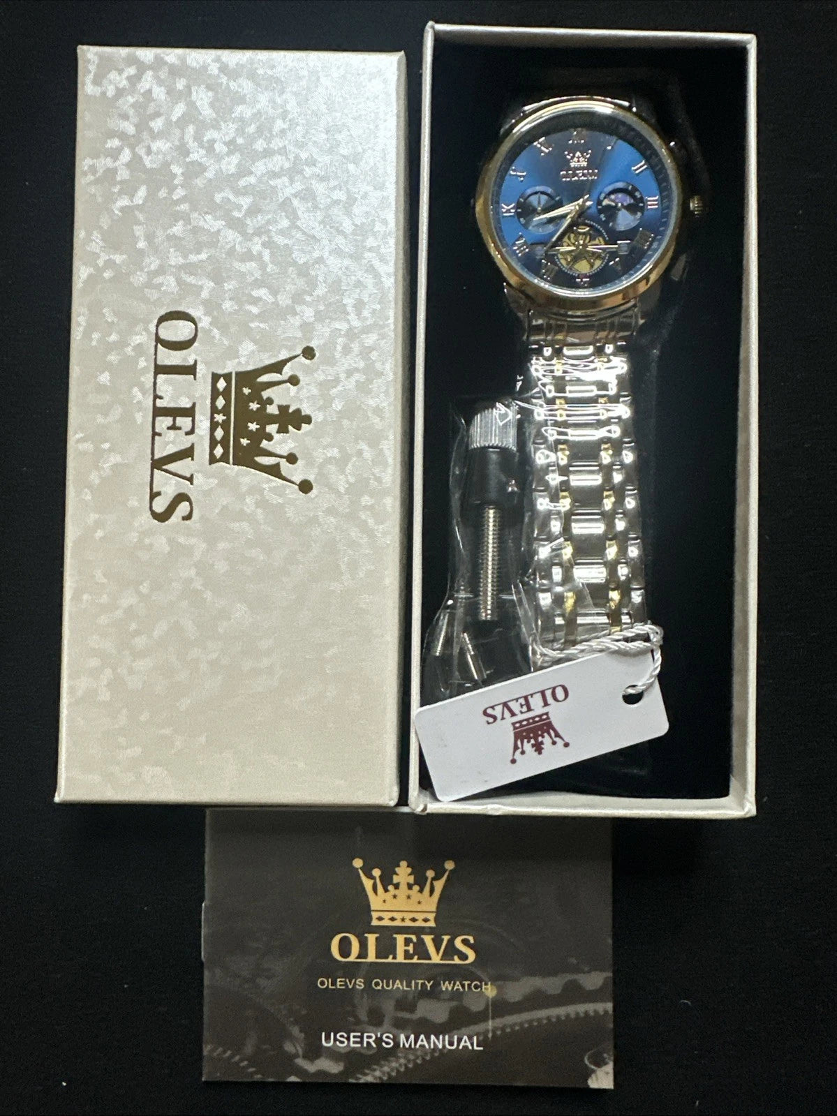 OLEVS Men Watch Mechanical Skeleton, Moon Phase, Blue Face, Gold/Silver Band