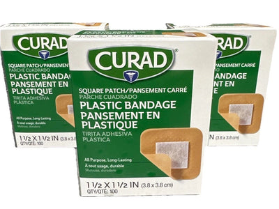 Curad Plastic Bandage Square Patch 1.5in x 1.5in 100 Count Lot of 3 Boxes
