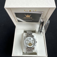 Olevs Mens Luxury Watch Skeleton, Moon Phase, Silver Band, Silver Dial