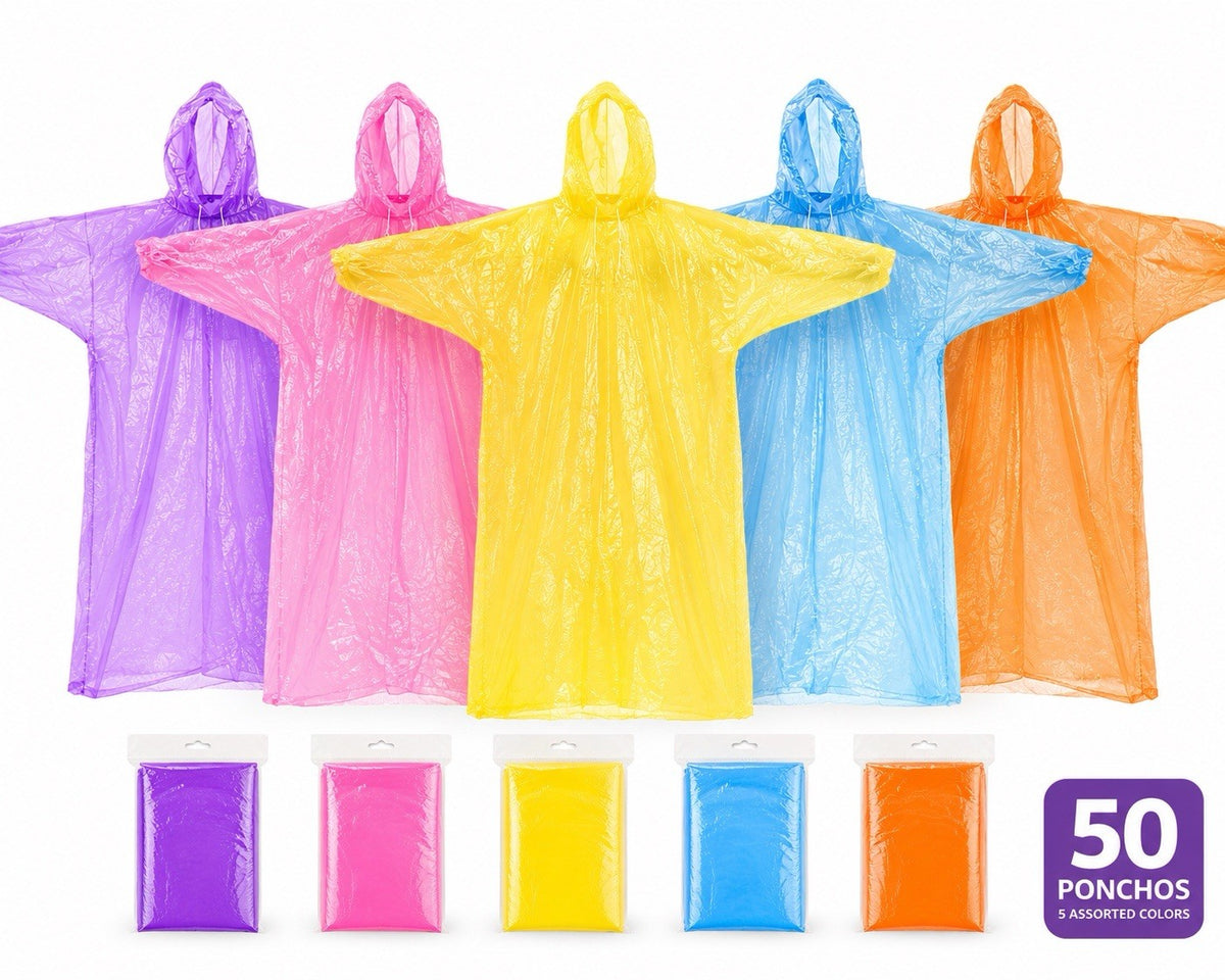 Rain Ponchos Lot of 50 Adult Disposable w/ Hood & Sleeves Assorted Colors Bulk