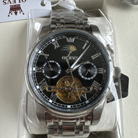 Olevs Mens Luxury Watch Skeleton, Moon Phase, Silver Band, Black Dial