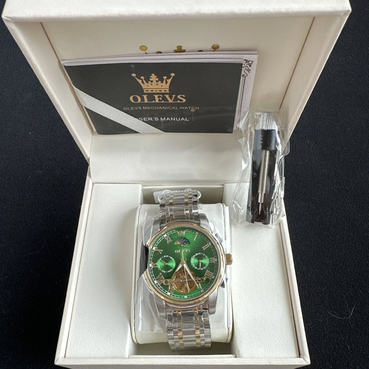Olevs Mens Luxury Watch Skeleton, Moon Phase, Silver/Gold Band, Green Dial