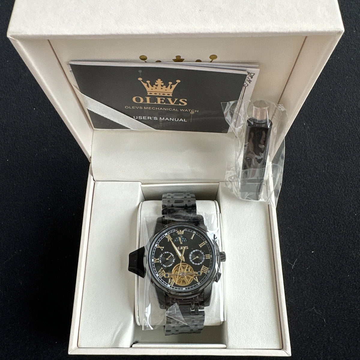 Olevs Mens Luxury Watch Skeleton, Moon Phase, Black Band, Black Dial