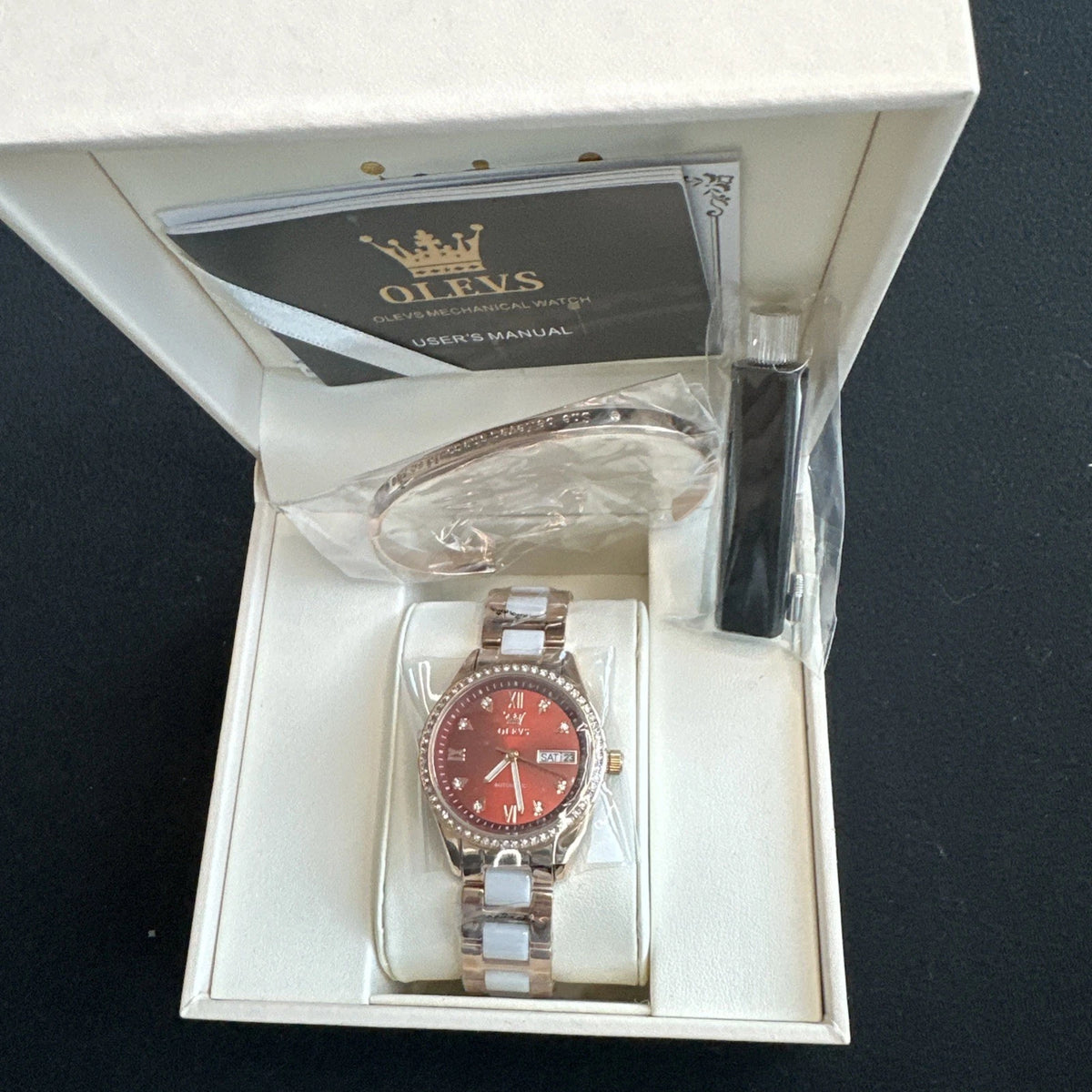 OLEVS Woman's Ceramics Band Zircon Case Day Auto Wrist Watches Red Dial