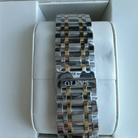 Olevs Mens Luxury Watch Skeleton, Day Date, Silver/Gold Band, Green Dial