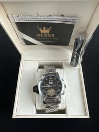 Olevs Men’s Watch Skeleton 5 Hands Silver Band, Black Dial