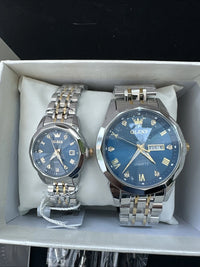 OLEVS Quartz Couple Pair Blue Dial, Stainless Steel, Waterproof, Calendar