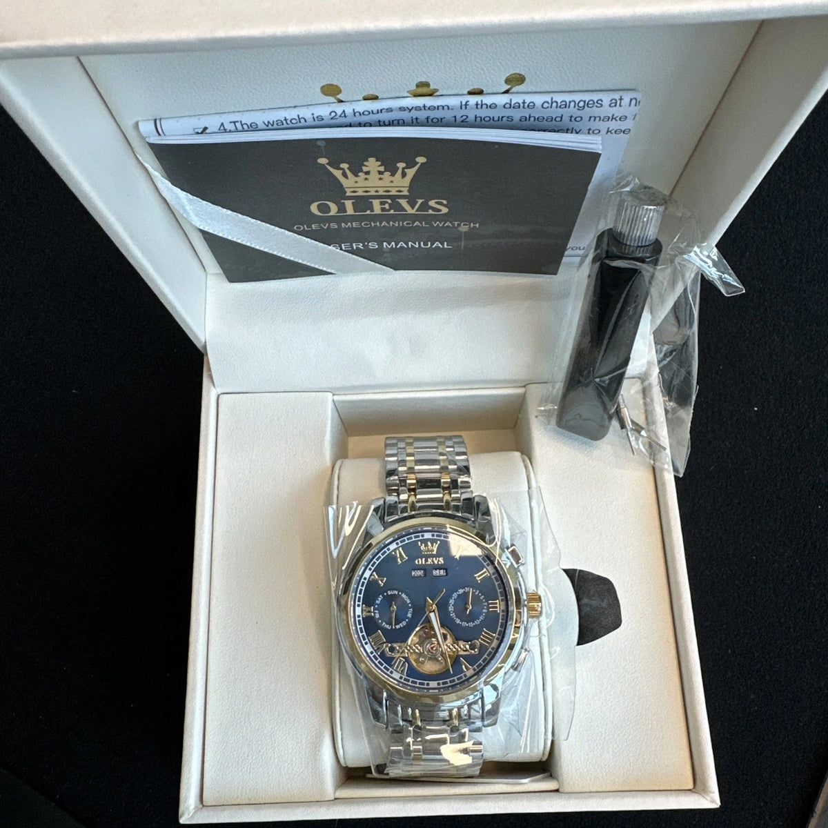 Olevs Mens Luxury Watch Skeleton, Day Date, Silver/Gold Band, Blue Dial
