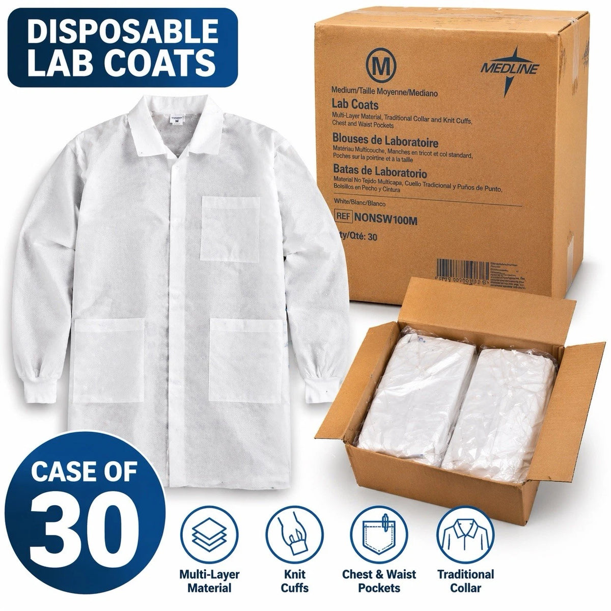 Medline Disposable Lab Coats Medium White NONSW100M Case of 30
