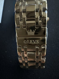 OLEVS Mens Watch Triple Dial, Gold Face, Gold Band, Diamond, Waterproof