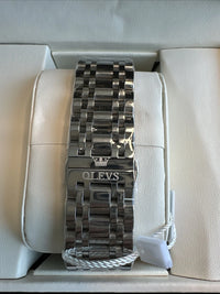 Olevs Mens Luxury Watch Skeleton, Moon Phase, Silver Band, Blue Dial