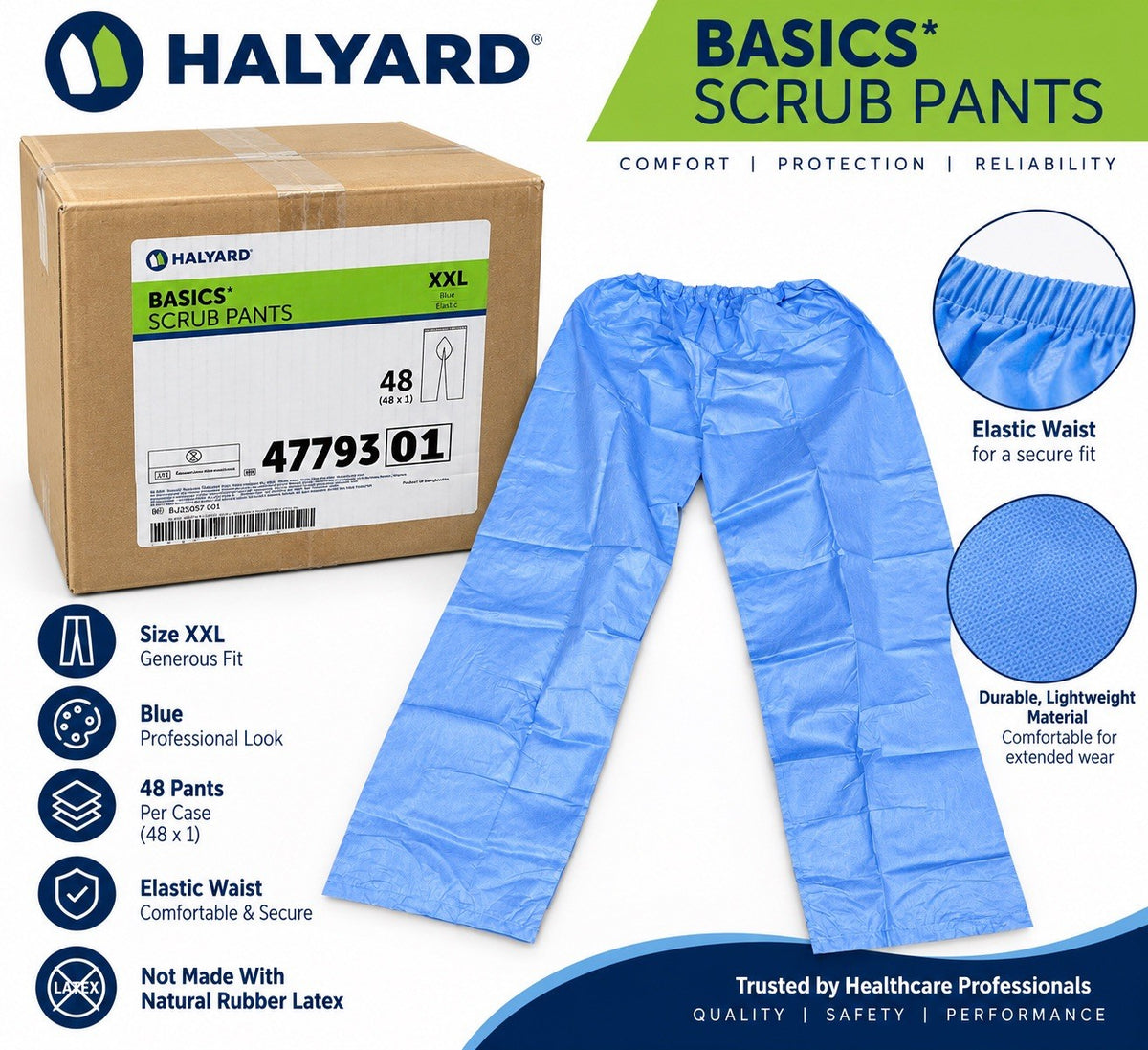 Halyard 47793 Basics Scrub Pants XXL Blue Elastic Waist Case of 48 New
