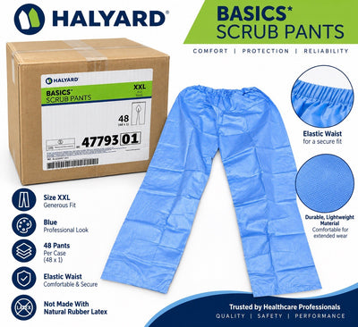 Halyard 47793 Basics Scrub Pants XXL Blue Elastic Waist Case of 48 New