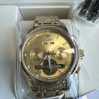 Olevs Mens Luxury Watch Skeleton, Day Date, Gold Band, Gold Dial