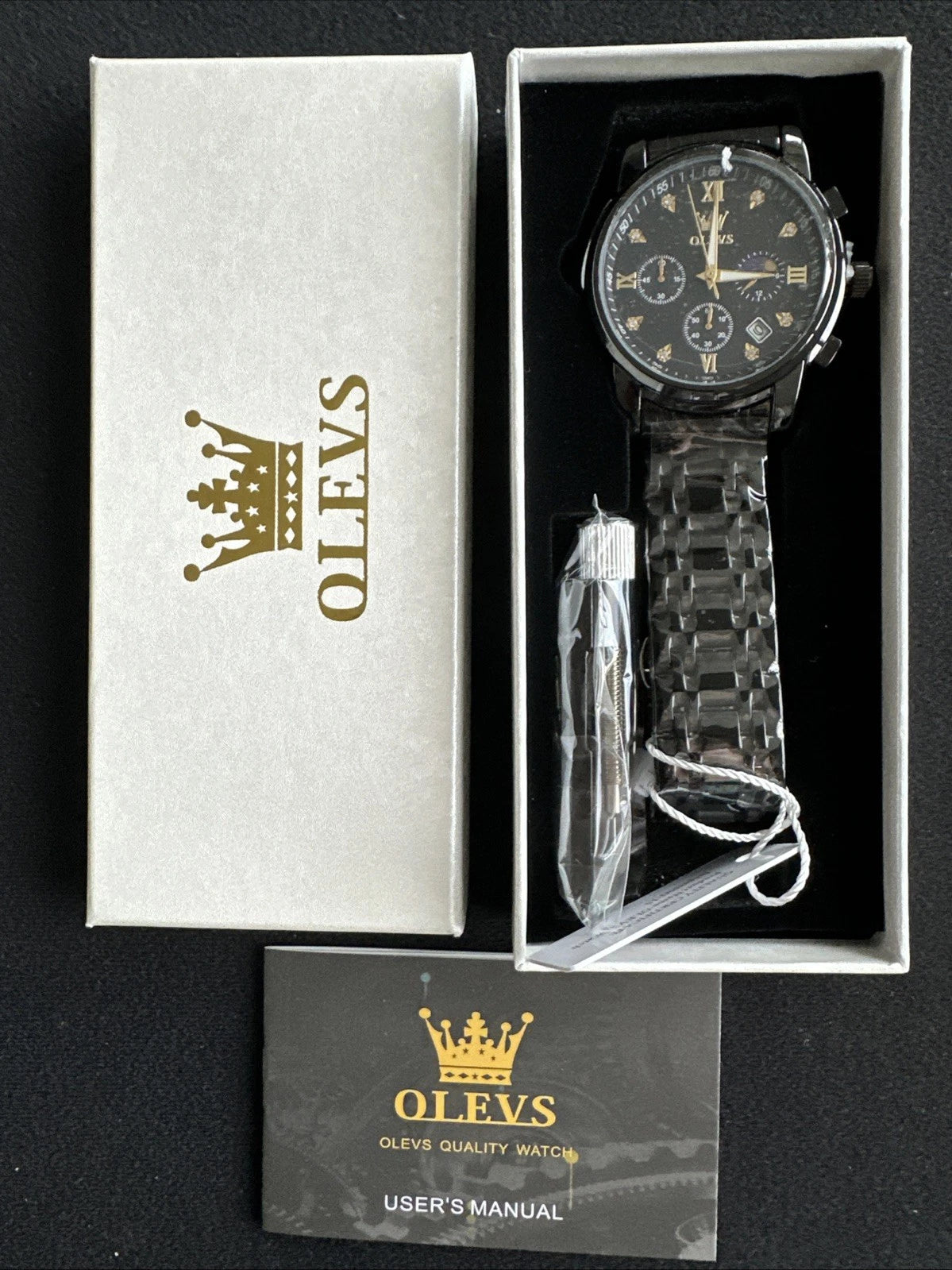 OLEVS Mens Watch Triple Dial, Black Face, Black Band, Diamond, Waterproof