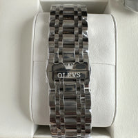 Olevs Mens Luxury Watch Skeleton, Moon Phase, Silver Band, Black Dial