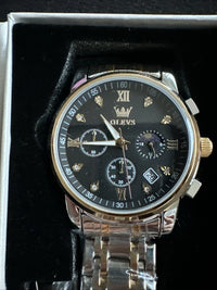 OLEVS Mens Watch Triple Dial, Black Face, Gold/Stainless Steel Band, Diamond