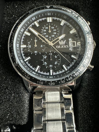 OLEVS Mens Tachymeter Watch Black Face, Silver Band, Day Date, Quartz