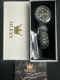 OLEVS Mens Tachymeter Watch Black Face, Black Band, Day Date, Quartz