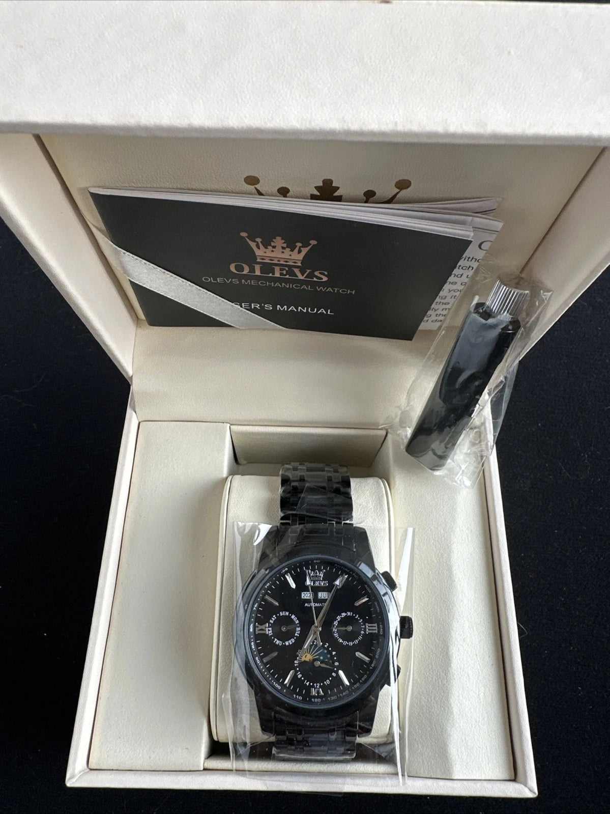 Olevs Mens Luxury Watch Moon Phase, Black Band, Black Dial