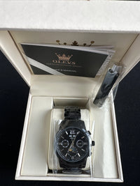 Olevs Mens Luxury Watch Moon Phase, Black Band, Black Dial