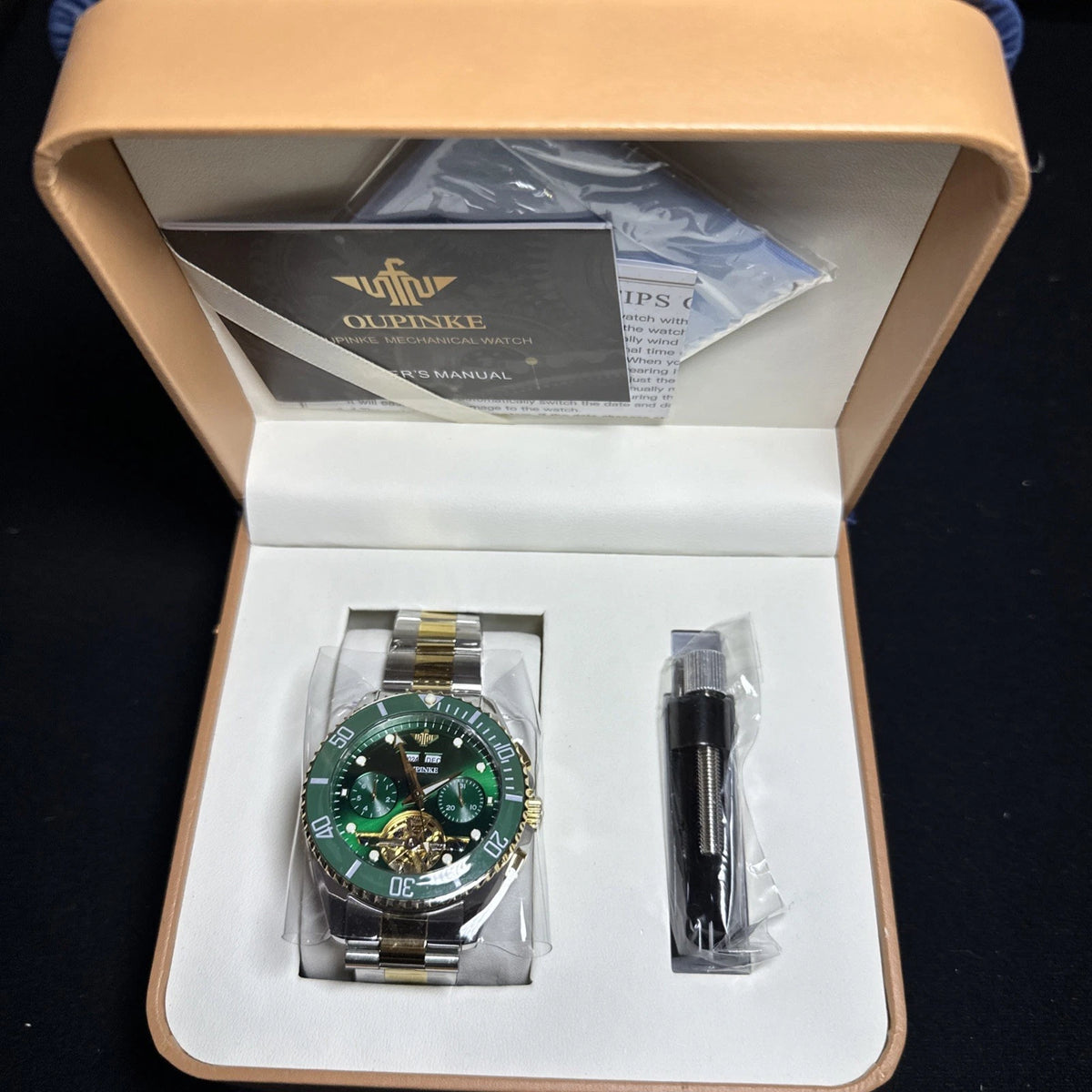 Oupinke Men’s Luxury Watch Silver/Gold Band, Green Dial, Green Bezel