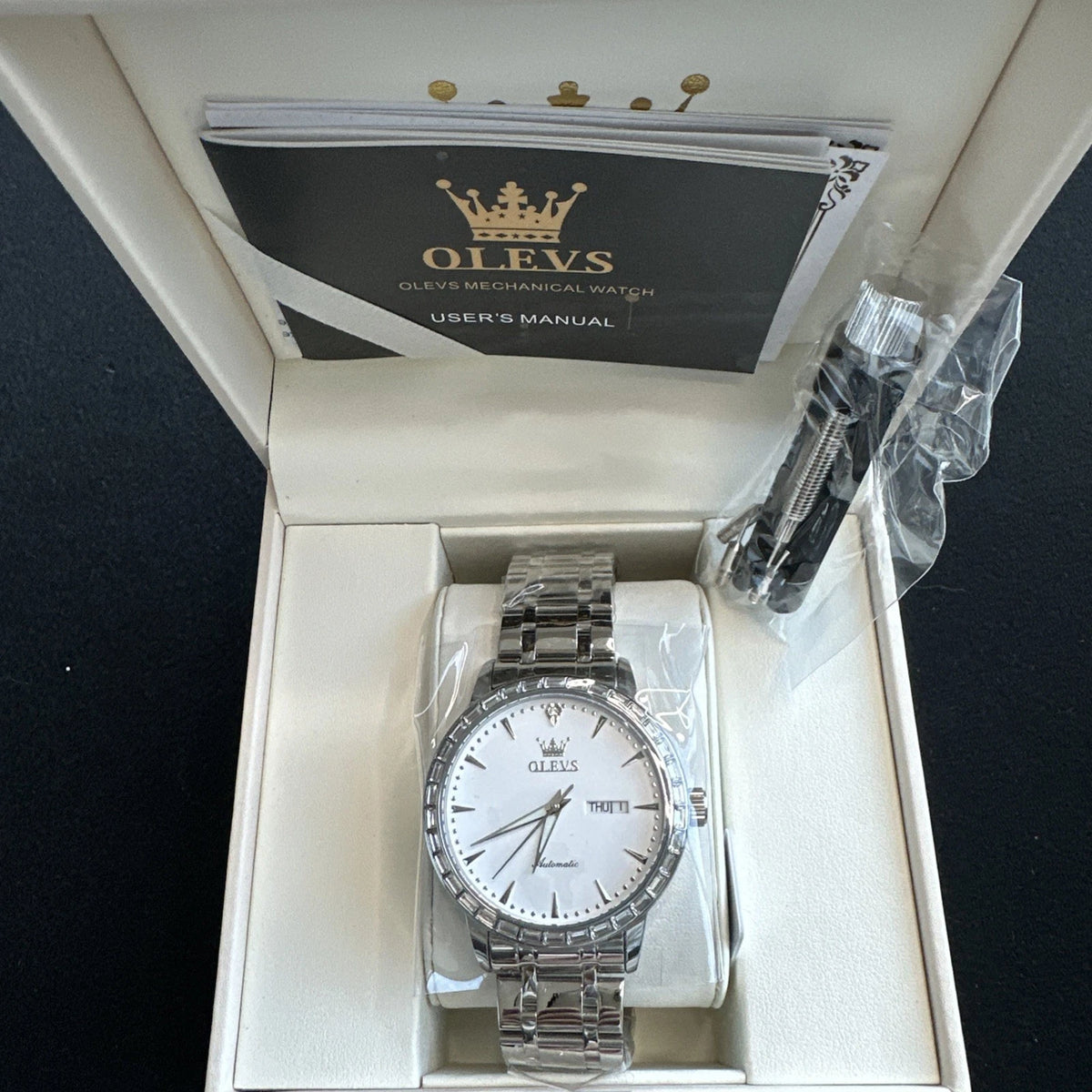 Olevs Men’s Luxury Watch, Day Date, Diamond, Silver Band, White Face