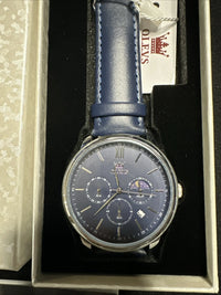 OLEVS Mens Watch Triple Dial, Blue Face, Blue Leather Band