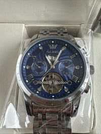 Olevs Men’s Watch Skeleton 5 Hands Silver Band, Blue Dial