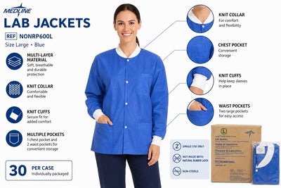 Medline Lab Jackets Large Blue Multi-Layer Knit Cuff Case of 30 NONRP600L