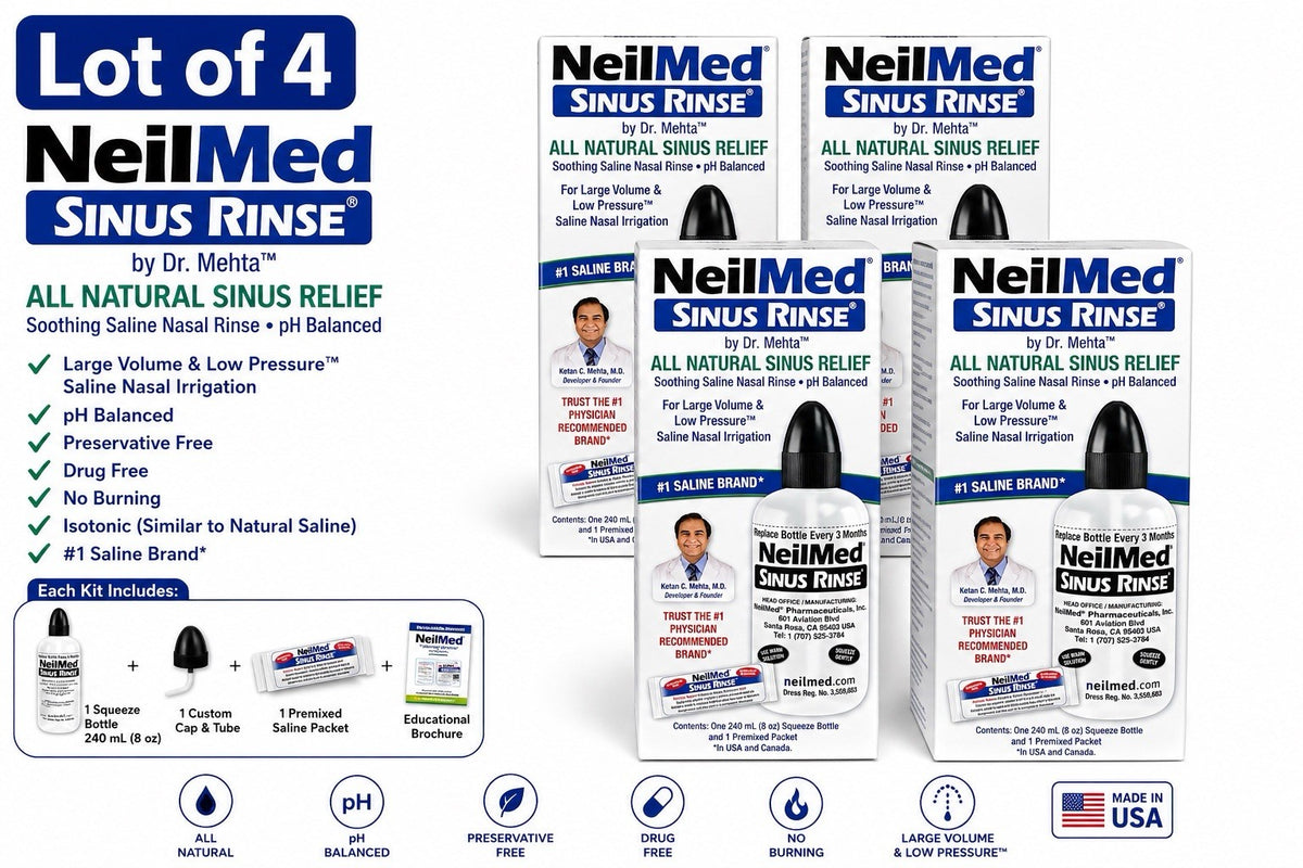 Lot of 4 NeilMed Sinus Rinse 240mL Squeeze Bottle Kits + Saline Exp 01/2028