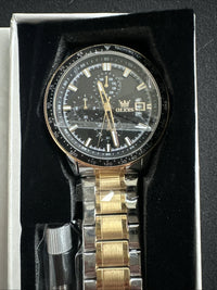 OLEVS Mens Tachymeter Watch Black Face, Silver/Gold Band, Day Date, Quartz
