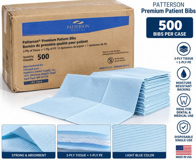 Patterson Premium Patient Bibs 13x18 Blue 3-Ply Tissue Poly Bib 500/Case