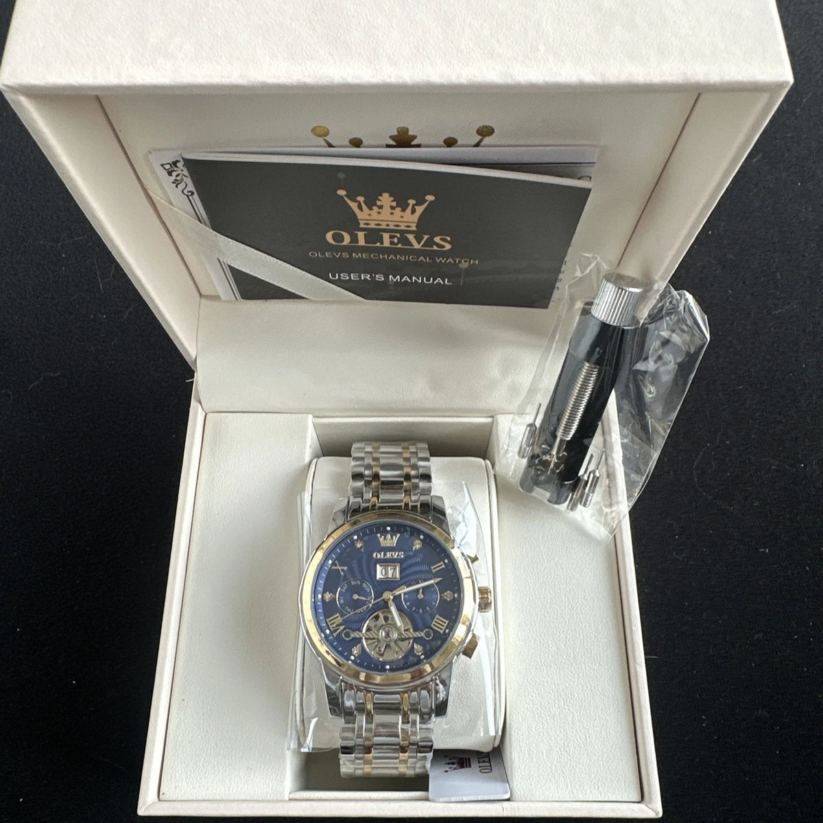 Olevs Men’s Watch Skeleton 5 Hands Gold/Silver Band, Blue Dial