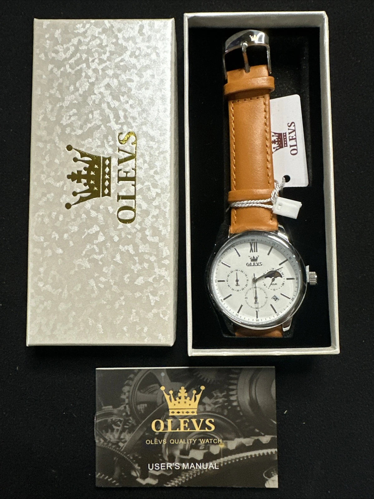 OLEVS Mens Watch Triple Dial, White Face, Orange Leather Band