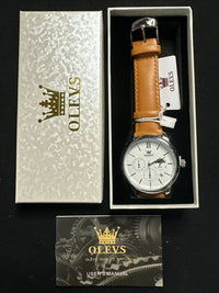 OLEVS Mens Watch Triple Dial, White Face, Orange Leather Band