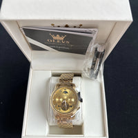 Olevs Mens Luxury Watch Skeleton, Moon Phase, Gold Band, Yellow Gold Dial