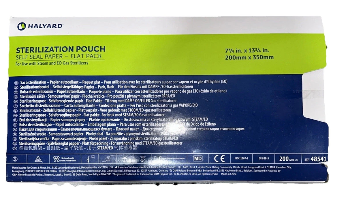 Halyard self-seal sterilization pouches 48541. 7 3/4x13 3/4. 200mmx350mm. 200ct